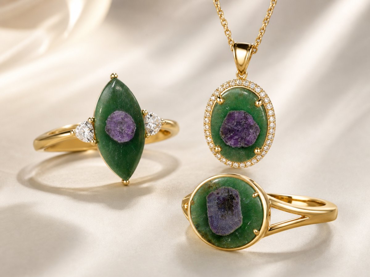Rubis dans des pierres précieuses de fuchsite présentées en joaillerie
