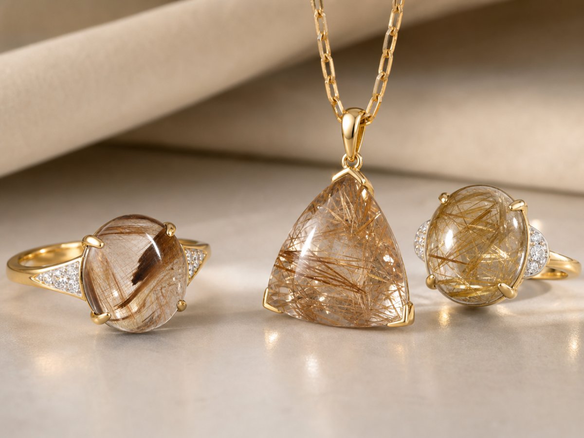 Pierres précieuses de quartz rutile présentées en joaillerie