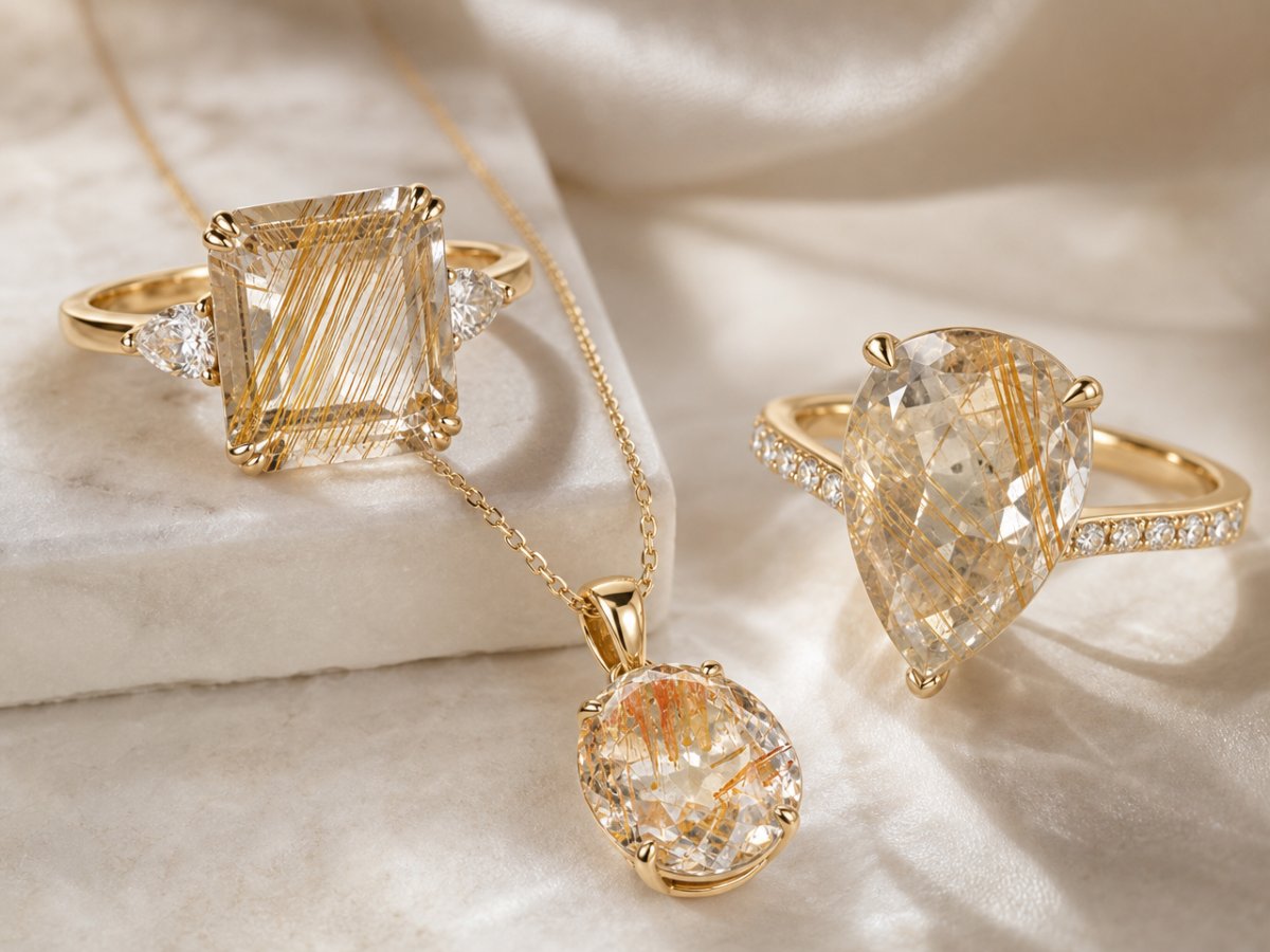 Les pierres précieuses de topaze rutile sont présentées en joaillerie