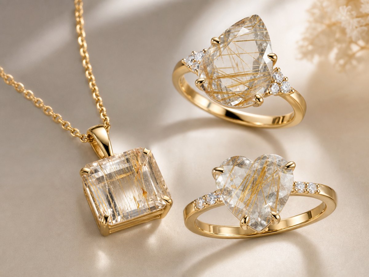Les pierres précieuses de topaze rutile sont présentées en joaillerie