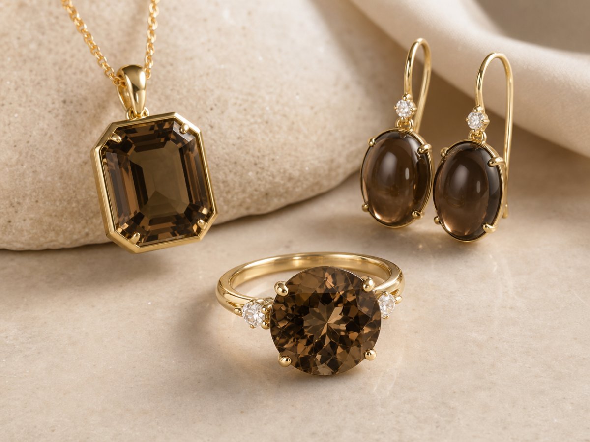 Pierres précieuses de quartz fumé présentées en joaillerie