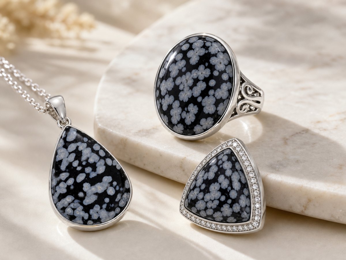 Pierres précieuses d'obsidienne flocon de neige présentées en joaillerie