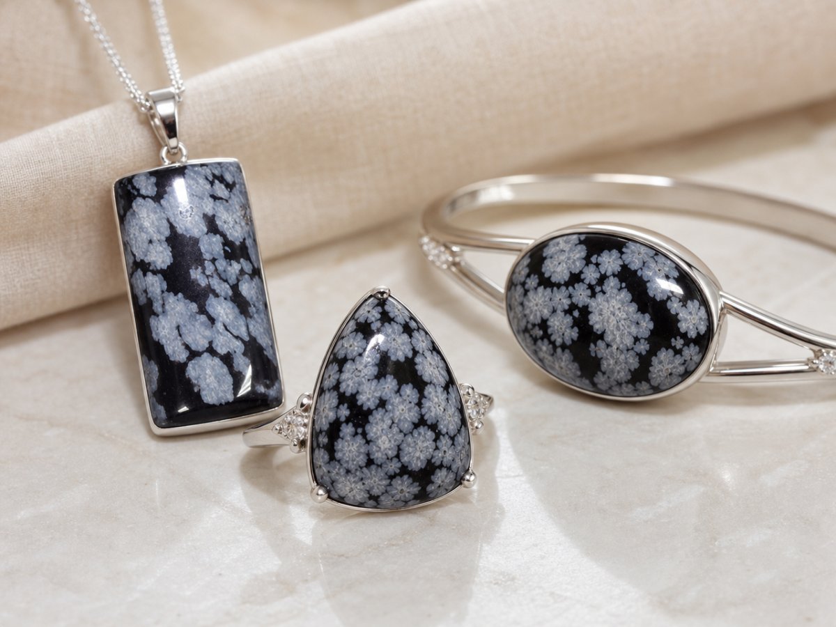 Pierres précieuses d'obsidienne flocon de neige présentées en joaillerie