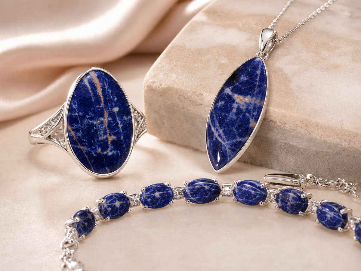 Pierres précieuses de sodalite présentées en joaillerie