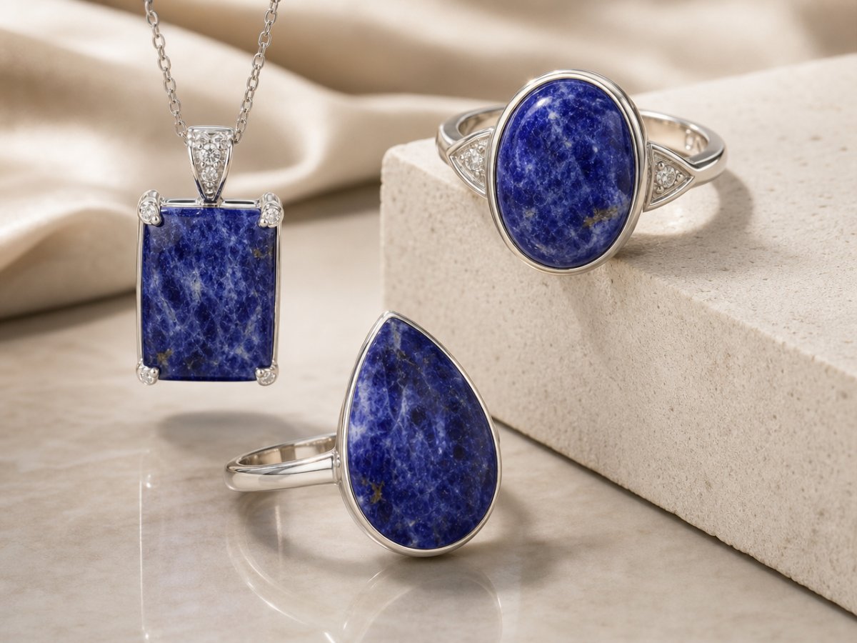 Pierres précieuses de sodalite présentées en joaillerie