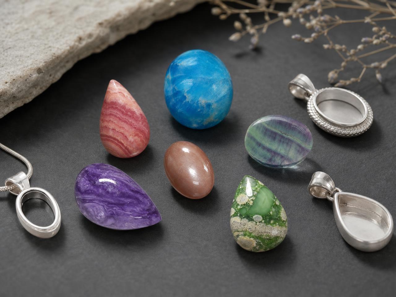 Pierres précieuses tendres et non taillées, adaptées à la création de pendentifs.