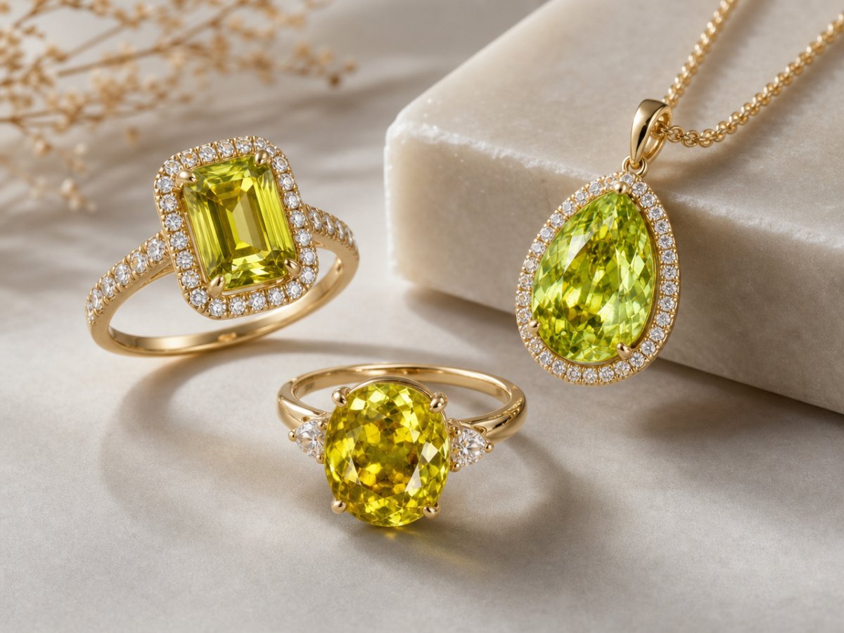 Pierres précieuses de sphène présentées en joaillerie