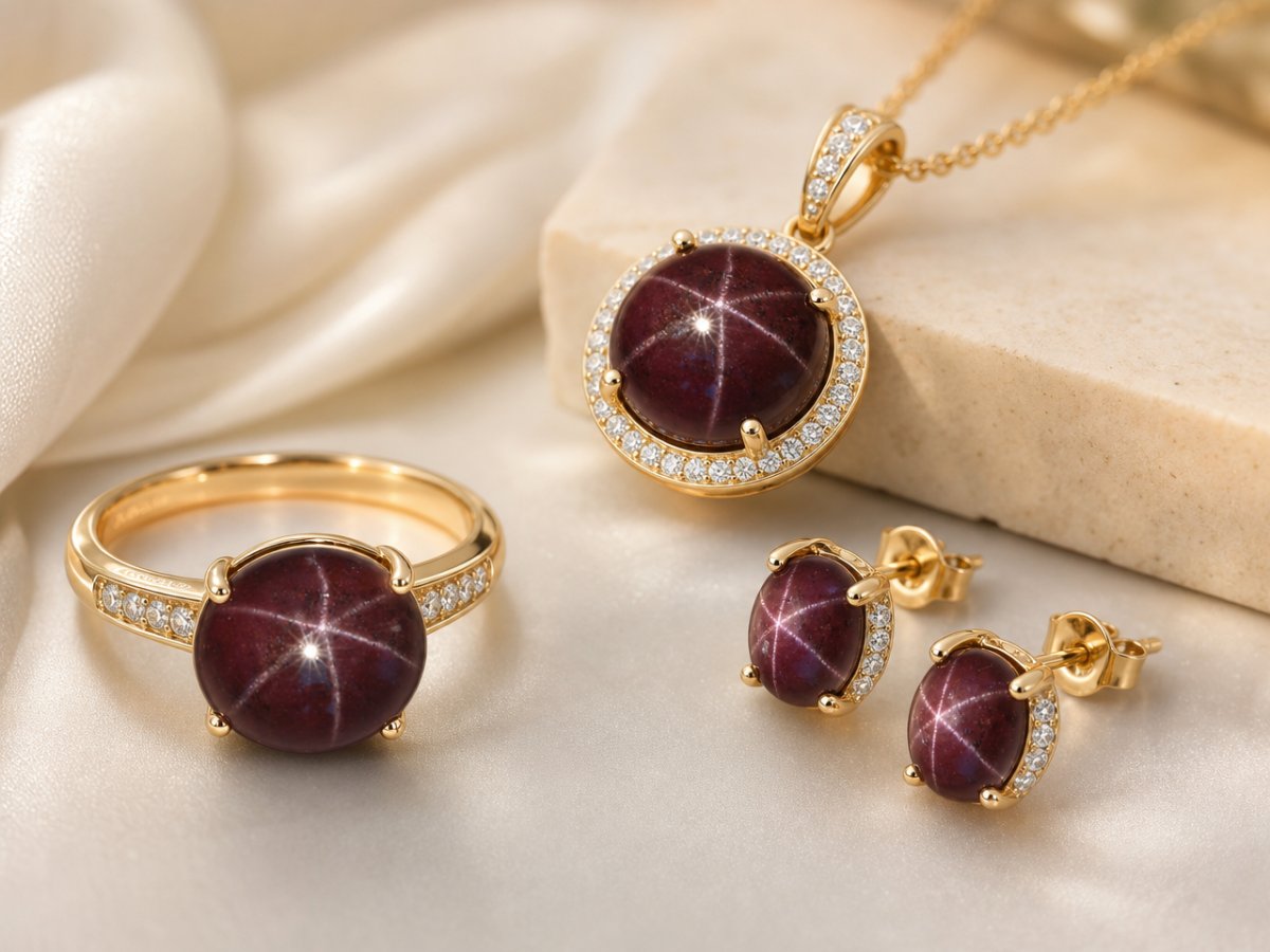 Les pierres précieuses de grenat étoilé sont présentées dans les bijoux