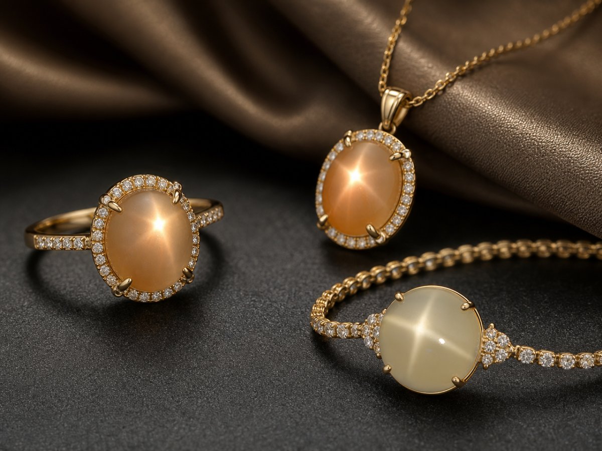 Pierres précieuses en pierre de lune étoilée présentées en joaillerie