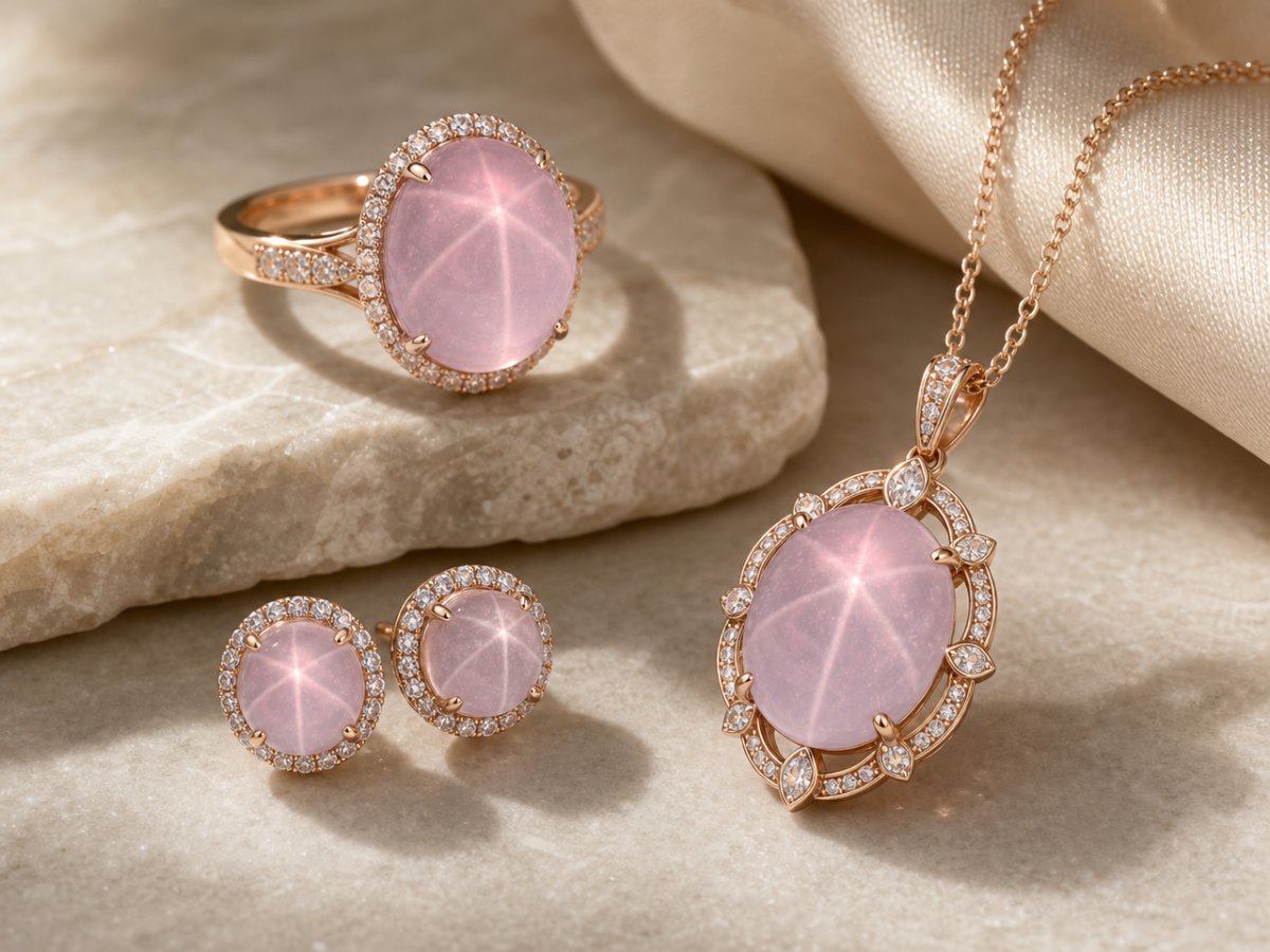 Pierres précieuses de quartz rose étoilé présentées en joaillerie