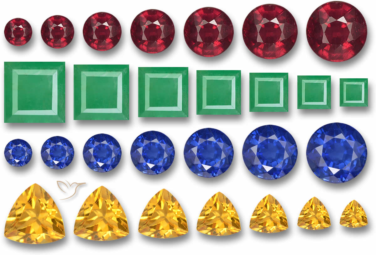 Pierres précieuses non montées, présentées avec des montures de bijoux standard