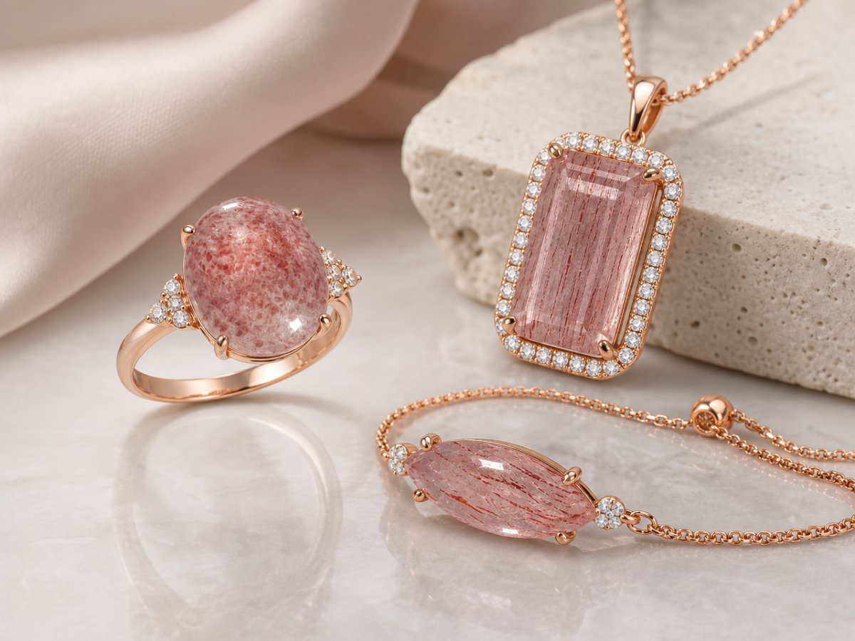 Pierres précieuses de quartz fraise présentées en joaillerie