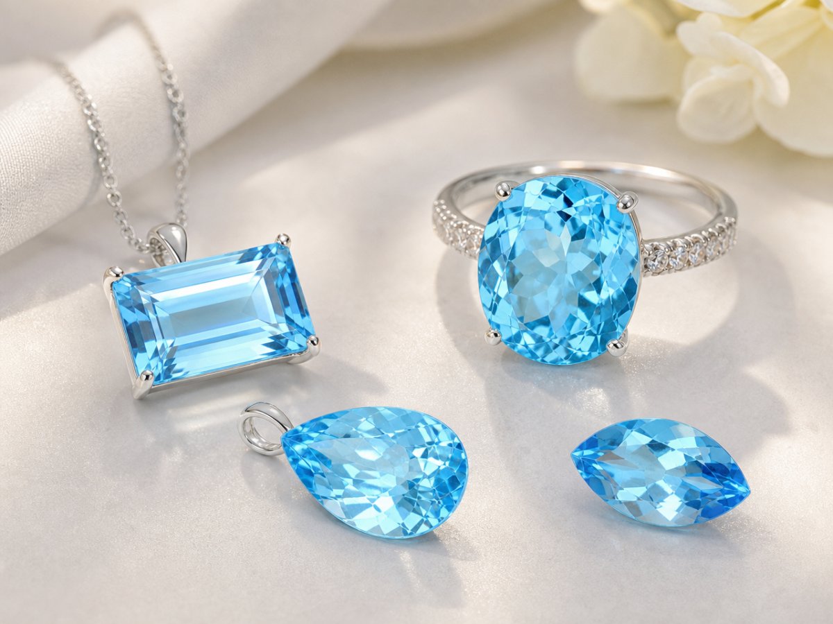 Les topazes bleues suisses sont présentées dans des bijoux