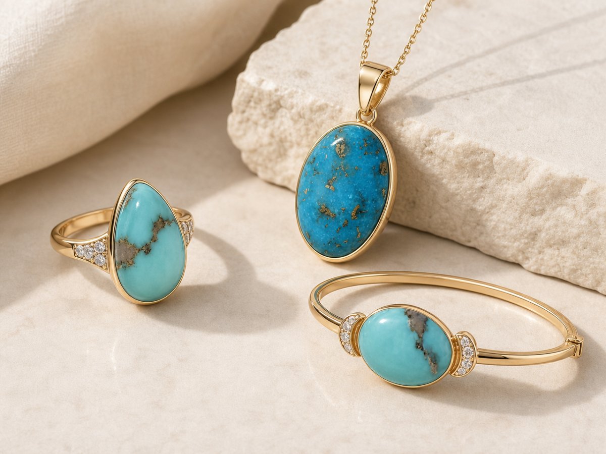 Les pierres précieuses turquoise sont présentées dans les bijoux