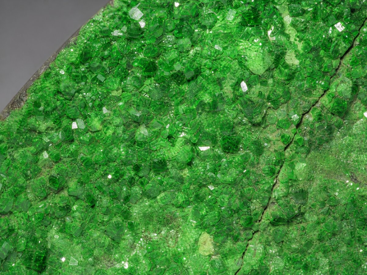 Gros plan sur des pierres précieuses naturelles de grenat uvarovite drusy