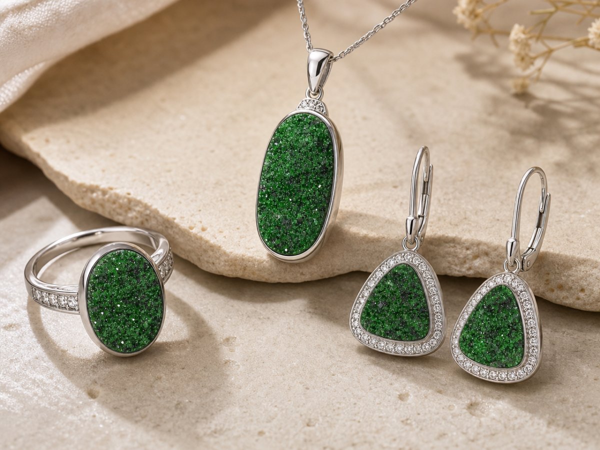 Les pierres précieuses drusy de grenat uvarovite sont présentées en joaillerie