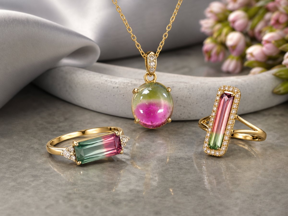 Pierres précieuses de tourmaline pastèque présentées en joaillerie