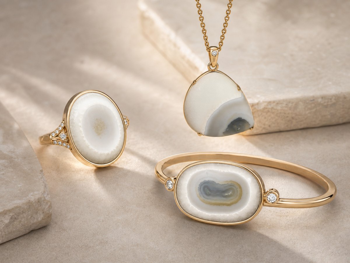 Pierres précieuses d'agate blanche présentées en joaillerie