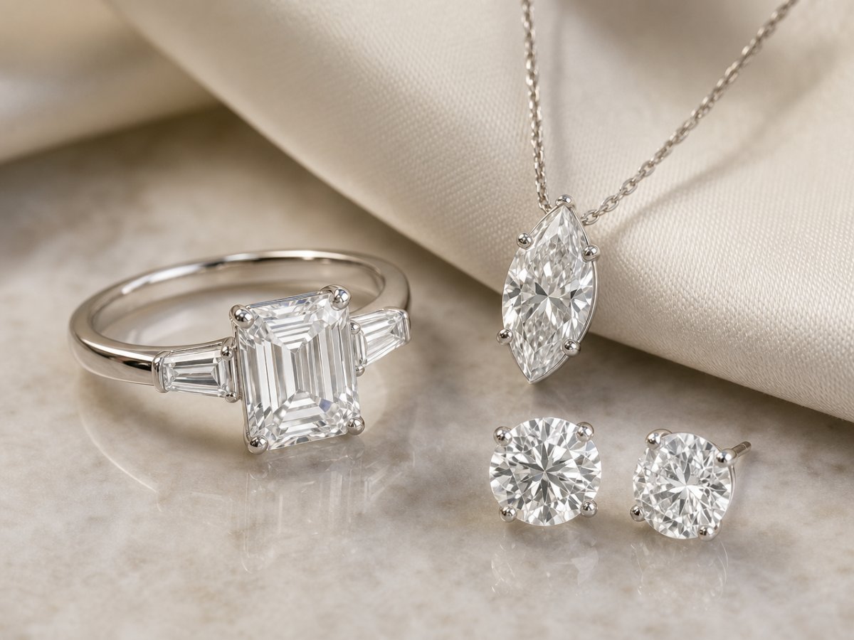 Les pierres précieuses White Diamond sont présentées dans les bijoux