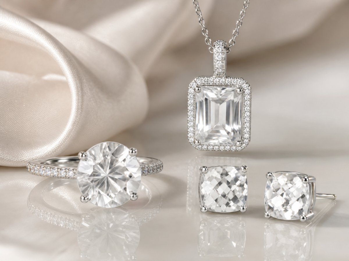 Pierres précieuses de quartz blanc présentées en joaillerie