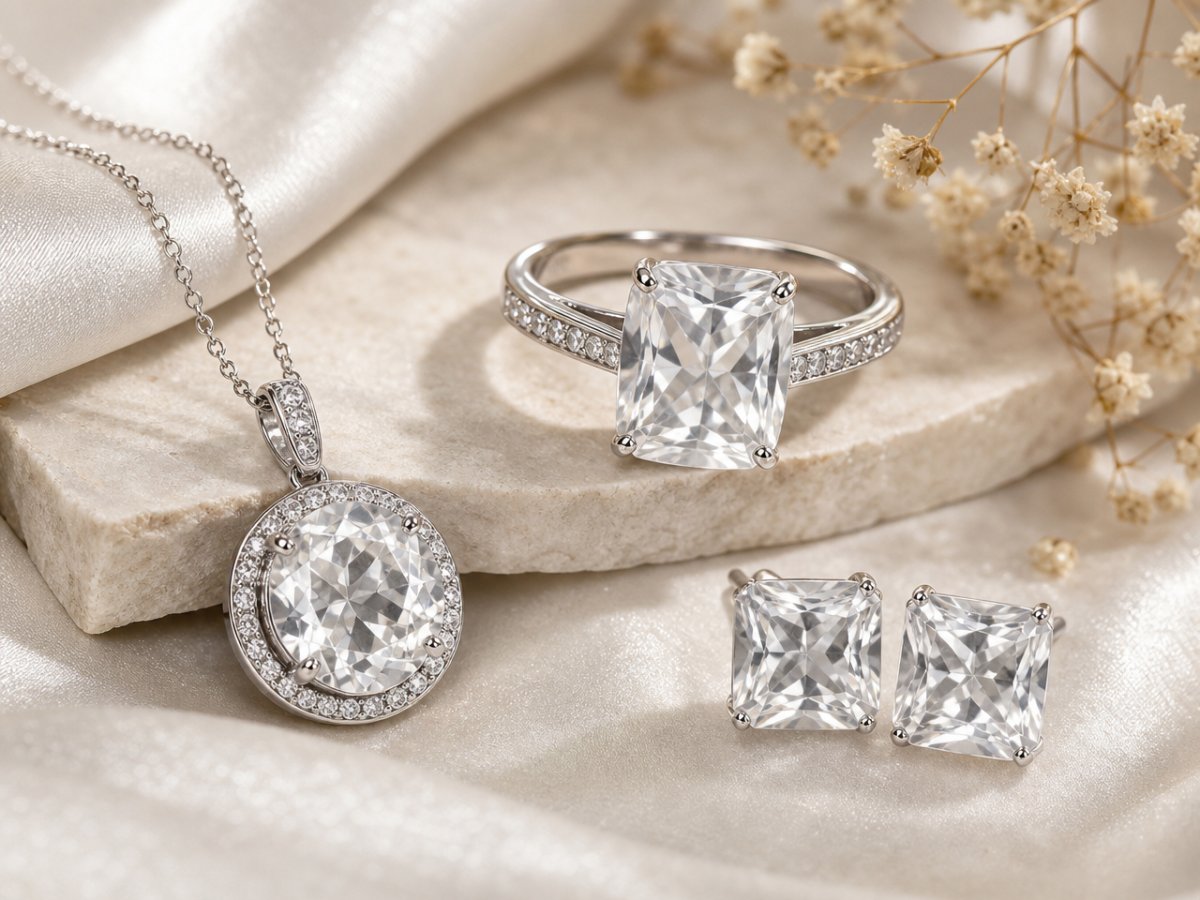 Pierres précieuses de quartz blanc présentées en joaillerie