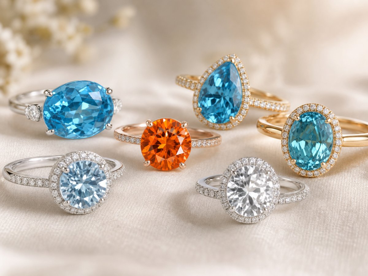 Pierres précieuses de zircon présentées en joaillerie
