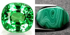 Pierres précieuses de tsavorite et de malachite