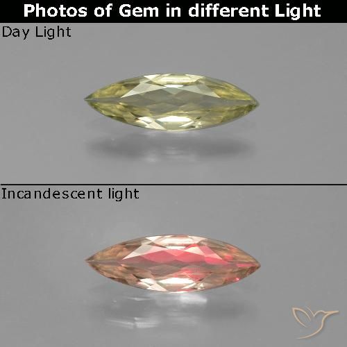 0.72ct Naturel Jaune brunâtre Diaspore Couleur Changeant, Marquise, VVS-VS