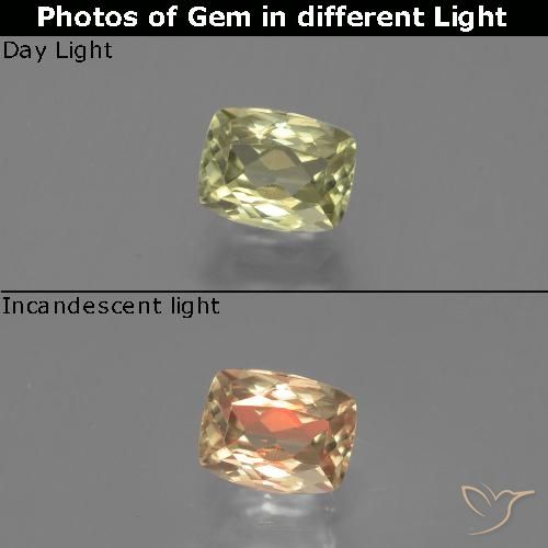 1.31ct Naturel Vert jaunâtre Diaspore Couleur Changeant, Coussin, VS