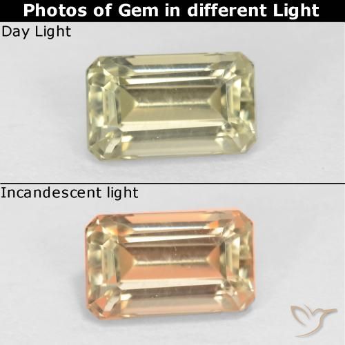 0.76ct Naturel Jaune pâle Diaspore Couleur Changeant, Taille émeraude, VS