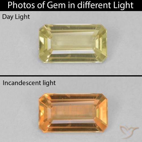 0.71ct Naturel Jaune moelleux Diaspore Couleur Changeant, Taille émeraude, VVS