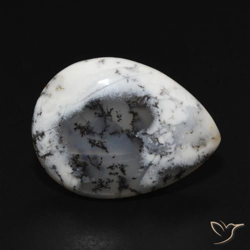 Dendritique Agate Blanc avec noir naturelle En forme de poire, 7.52 ct, Opaque