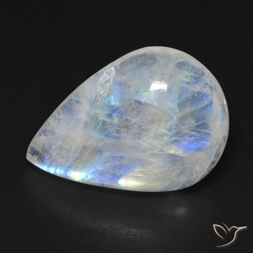 13.11ct Naturel Blanc bleuâtre Pierre de lune arc-en-ciel, En forme de poire, Transparent