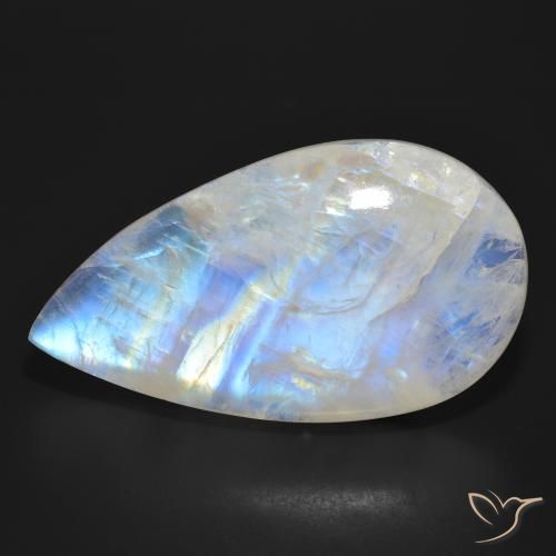 47.03ct Naturel Blanc bleuâtre Pierre de lune arc-en-ciel, En forme de poire, Translucide